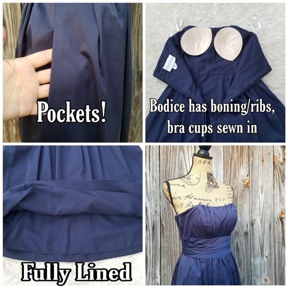 Fit Flare Cocktail Dress Davids Bridal Size 2 Navy Blue Pleated Strapless Prom - Picture 8 of 10